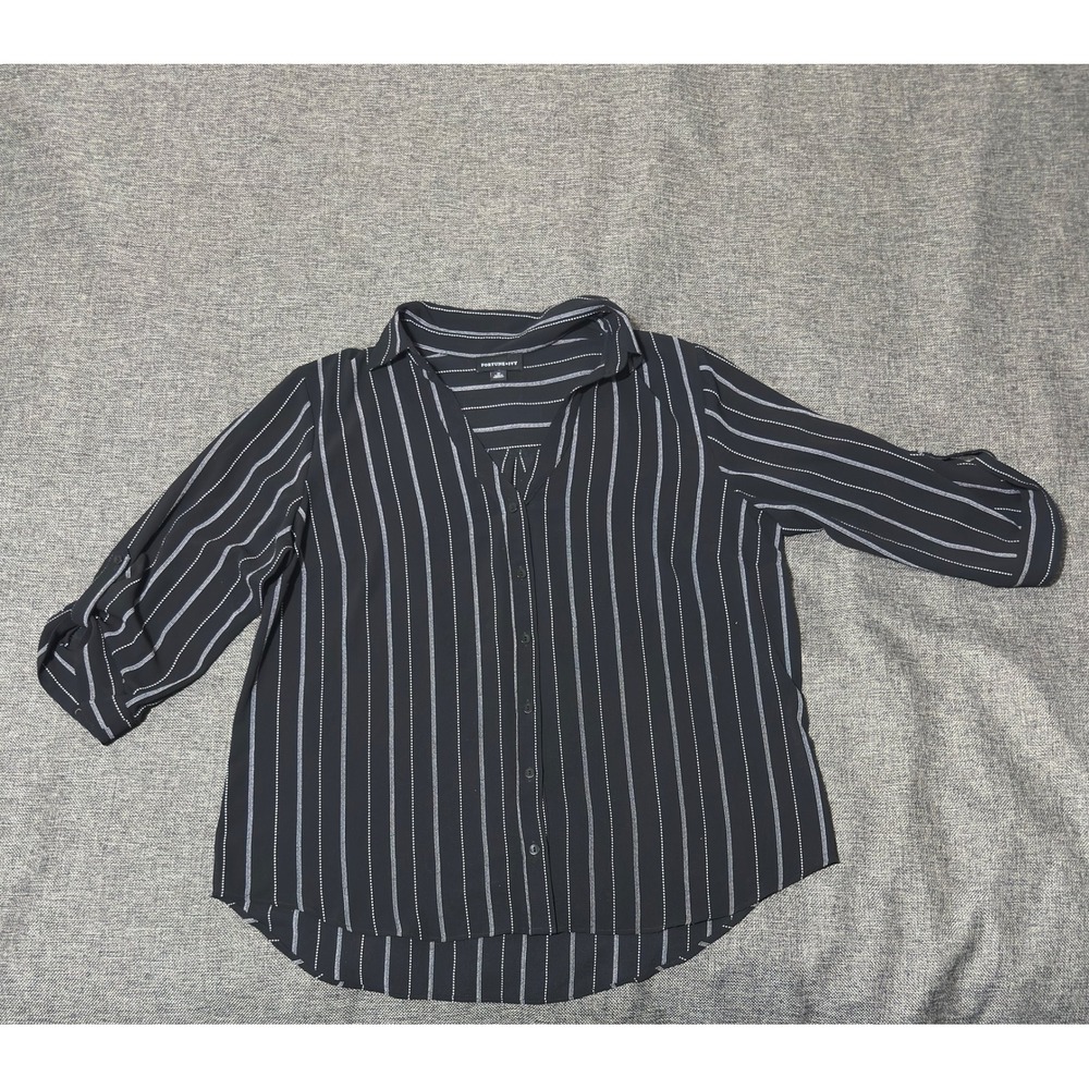 Fortune+Ivy Women's‎ XL Button Up Shirt Black White Striped Roll Tab 1871F2T